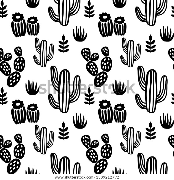 Black White Aesthetic Cactus Pattern Seamless Stock Illustration