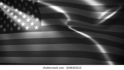 Black And White American Flag, United States Of America Flag With Waving Folds, Close Up View, 3D Rendering