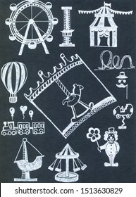 black   white amusement Park icon set  Flat illustrations carousel Ferris wheel merry  go  round clown and flower circus tent hot air balloon train and balls roller coaster theatrical mask