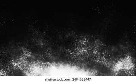 Black and white animation of bright particles flying upwards. Dynamic particles float chaotically in slow motion in space. Shimmering sparkling particles. Real colorful particles in the air. 3d