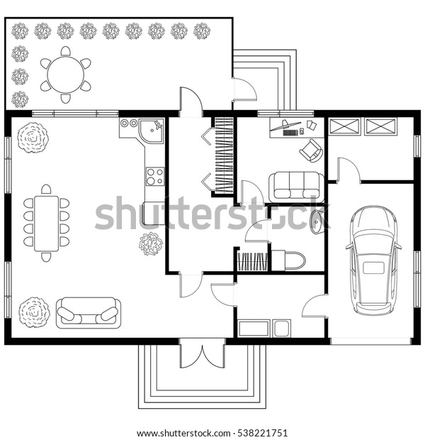 Black and\
White architectural plan of a house with car. Layout of the\
apartment with the furniture in the drawing view. With kitchen and\
bathroom, living room and bedroom, with\
garage.
