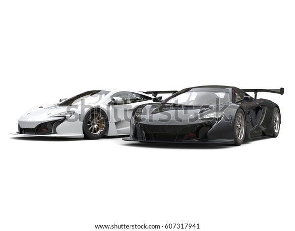Black and white awesome super cars side by side -\
3D Render