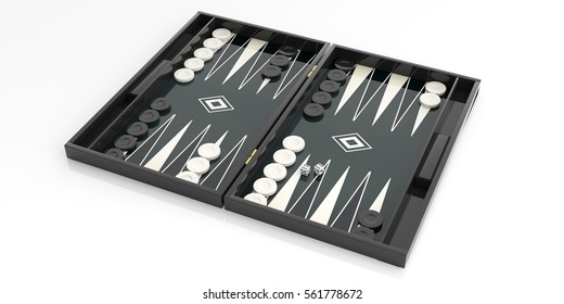 Black and white backgammon board on white background. 3d illustration