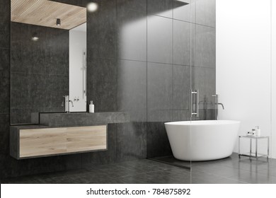 Schwarz-Weiß-Ecke mit Fliesenboden, weißer Badewanne und Waschbecken mit großem Spiegel. 3D-Rendering-Modell