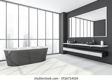 Black And White Bathroom With Two Washbasins, Side View, Black Bathtub Near Large Mirror. Minimalist Design Of Modern Bathroom With Marble Floor, 3D Rendering No People