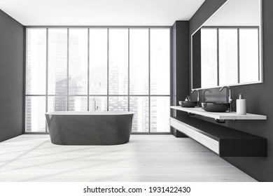 Black And White Bathroom With Two Washbasins And Black Bathtub Near Large Mirror. Minimalist Design Of Modern Bathroom With Marble Floor, 3D Rendering No People