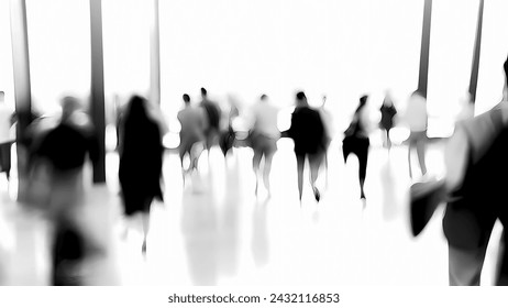 Black and white blurred motion image of business professionals standing and walking in a lobby - Powered by Shutterstock