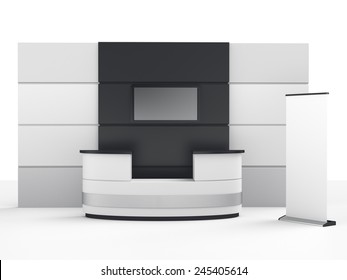 Black And White Booth Or Stall With Wall, Tv Screen And Roll-up