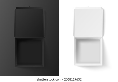 Black And White Box Mockup. Open Realistic Cardboard Of Squared Shape. Paper Empty Package For Delivery Or Gift. Carton 3d Container Top View. Isolated Parcel For Post Office Shipping 