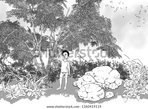 Black White Boy Cartoon Jungle Background Stock Illustration
