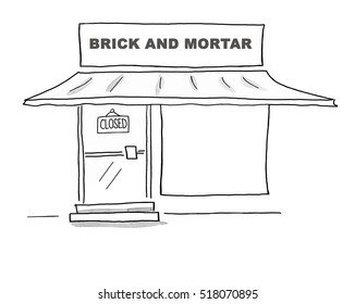 Black And White Business Illustration Of A Brick And Mortar Store That Has Been Closed.