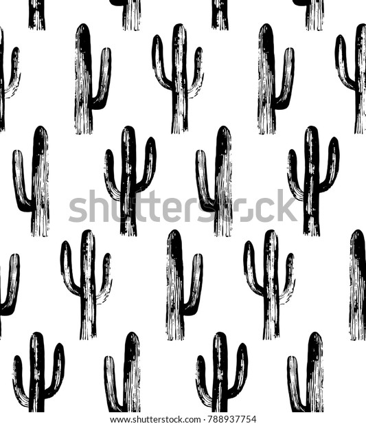 白黒のサボテン スケッチパターン 植物の背景 のイラスト素材