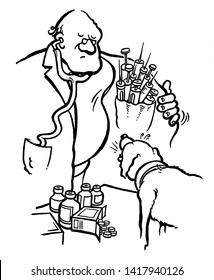 Black And White Cartoon About A Dog Barking At The Vet. The Vet Leaves His Syringes In The Inside Pocket Of His Coat. Veterinary Cartoon