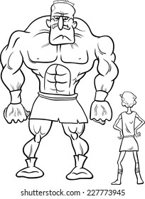 Black And White Cartoon Concept Illustration Of David And Goliath Myth Or Saying For Coloring Book