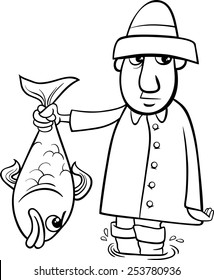 Black White Cartoon Illustration Angler Fisherman Stock Illustration ...