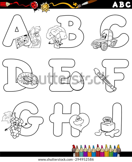 Black and White Cartoon Illustration of Capital\
Letters Alphabet with Objects for Children Education from A to I\
for Coloring Book