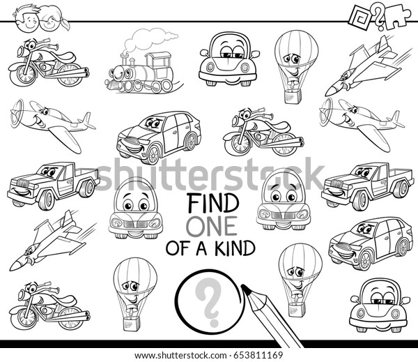 Black and White Cartoon Illustration of Find One of\
a Kind Educational Activity Game for Children with Fantasy\
Characters Coloring\
Page