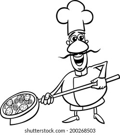 Black And White Cartoon Illustration Of Funny Italian Cook Or Chef With Pizza For Coloring Book