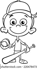 Black and White Cartoon Illustration of Funny Boy Baseball Player with Bat and Ball for Coloring Book