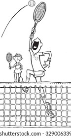Black and white cartoon illustration of male and female tennis players