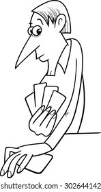 Black And White Cartoon Illustration Of Man Playing Cards