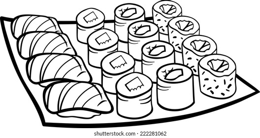 Black And White Cartoon Illustration Of Sushi Meal Food Objects For Coloring Book