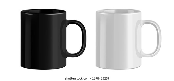 Black and white ceramic mug. Cup on transparent background. Realistic style. 3D style.