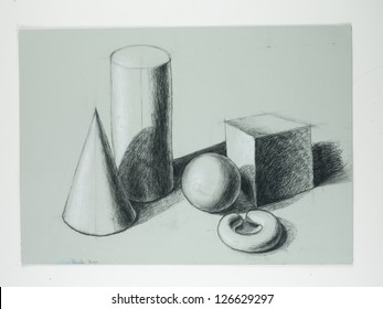 black and white charcoal, hand drawn artwork of many different geometric shapes placed in an artistic composition
