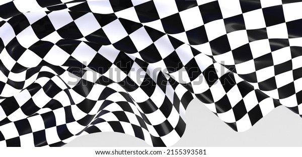 Black and white checkered curved flag or
ribbon, sport banner on dark
background