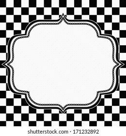 Black and White Checkered Frame with Embroidery Background with center for copy-space, Classic Checkered Frame