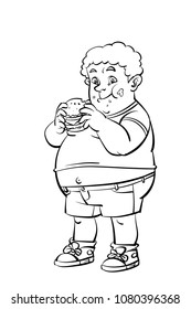 Black And White Child Obesity And Overweight Illustration, Fat Kid Eating Burger.