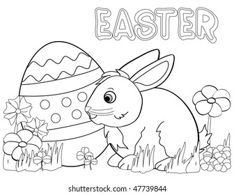 Black And White Coloring Template For Easter Bunny & Egg With Flowers.