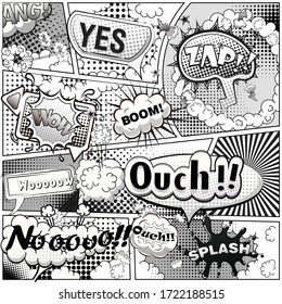 Black And White Comic Book Page Divided By Lines With Speech Bubbles And Sounds Effect. Illustration.