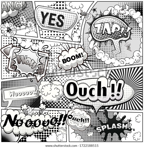 Black and white comic book\
page divided by lines with speech bubbles and sounds effect.\
Illustration.