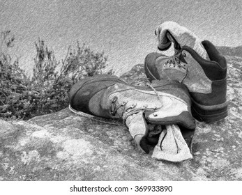 Black and white dashed retro sketch. Hiker high boots and sweaty grey socks. Resting on the boulder at the nice mountain stream - Powered by Shutterstock