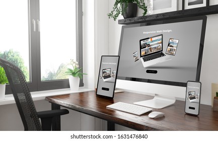 Black and white desktop with three devices showing responsive website 3d rendering