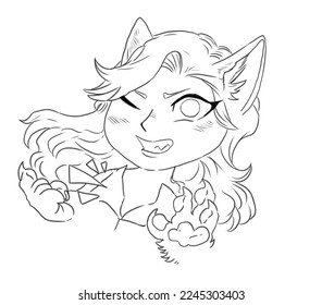 Black   white digital chibi illustration woman and fox ears   animal paws