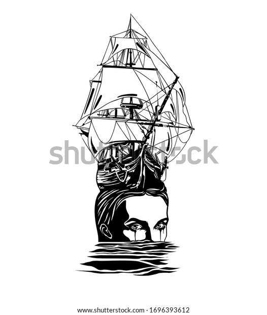 白黒のデジタル描画 頭に船を乗せた女性の顔 のイラスト素材