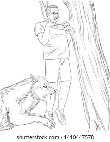 Black And White Digital Illustration Of A Man Trying To Climb On A Tree While A Wolf Bites His Leg