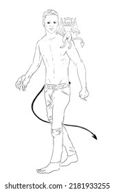 Black and white digital illustration of a shirtless humanoid demon with black eyes walking, with a small imp on his shoulder