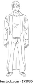 Black   white digital illustration standing man wearing long trench coat