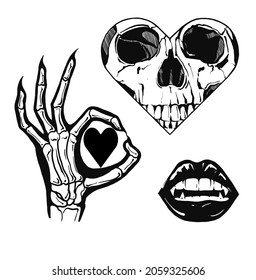 Black And White Digital Illustration In Tattoo Style. Halloween Tattoo Sketches. Skeleton Hand Shows Ok Sign With Black Heart Inside. Skull Inscribed In The Shape Of A Heart.Female Mouth With Vampire 