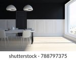 Black and white dining room interior with a panoramic window, a wooden floor and a white table with chairs. 3d rendering mock up