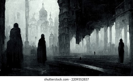 Black And White Disappearing Shadow City With Beautiful Architecture And People Figures Silhouette Walking On The Street Abstract Scene Apocalyptic Cinematic Halloween Theme 