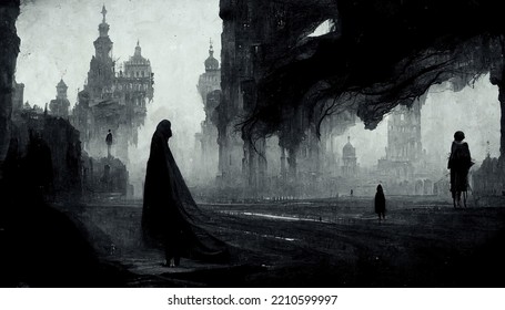 Black And White Disappearing Shadow City With Beautiful Architecture And People Figures Silhouette Walking On The Street Abstract Scene Apocalyptic Cinematic Halloween Theme 