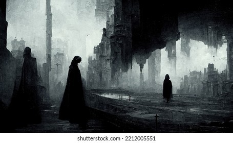 Black And White Disappearing Shadow City With Beautiful Architecture And People Figures Silhouette Walking On The Street Abstract Scene Apocalyptic Cinematic Halloween Theme 