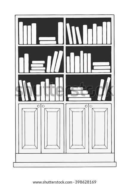 Black White Drawing Bookcase Full Books Stock Illustration 398628169