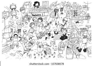 Black White Drawing Busy Market Cartoon Stock Illustration 157038578