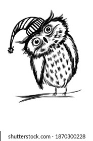 Black And White Drawing Of An Owl In A Hat With His Head Tilted To The Side