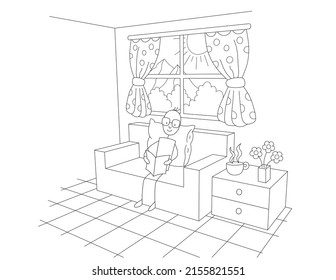 Black And White Drawing Of A Relaxed Stick Figure Man Or Dad Sitting On The Sofa Reading A Book, Funny 3d Design Of A Room With A Window With Curtains. You Can Print It On Standard 8.5x11 Inch Paper